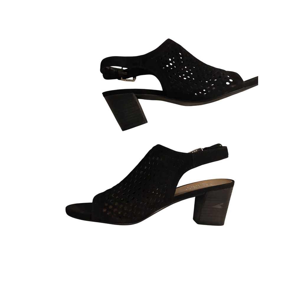 Franco‎ Sarto Monaco 2 Black Suede Perforated Slingback Block Heel Sandals 7.5M
